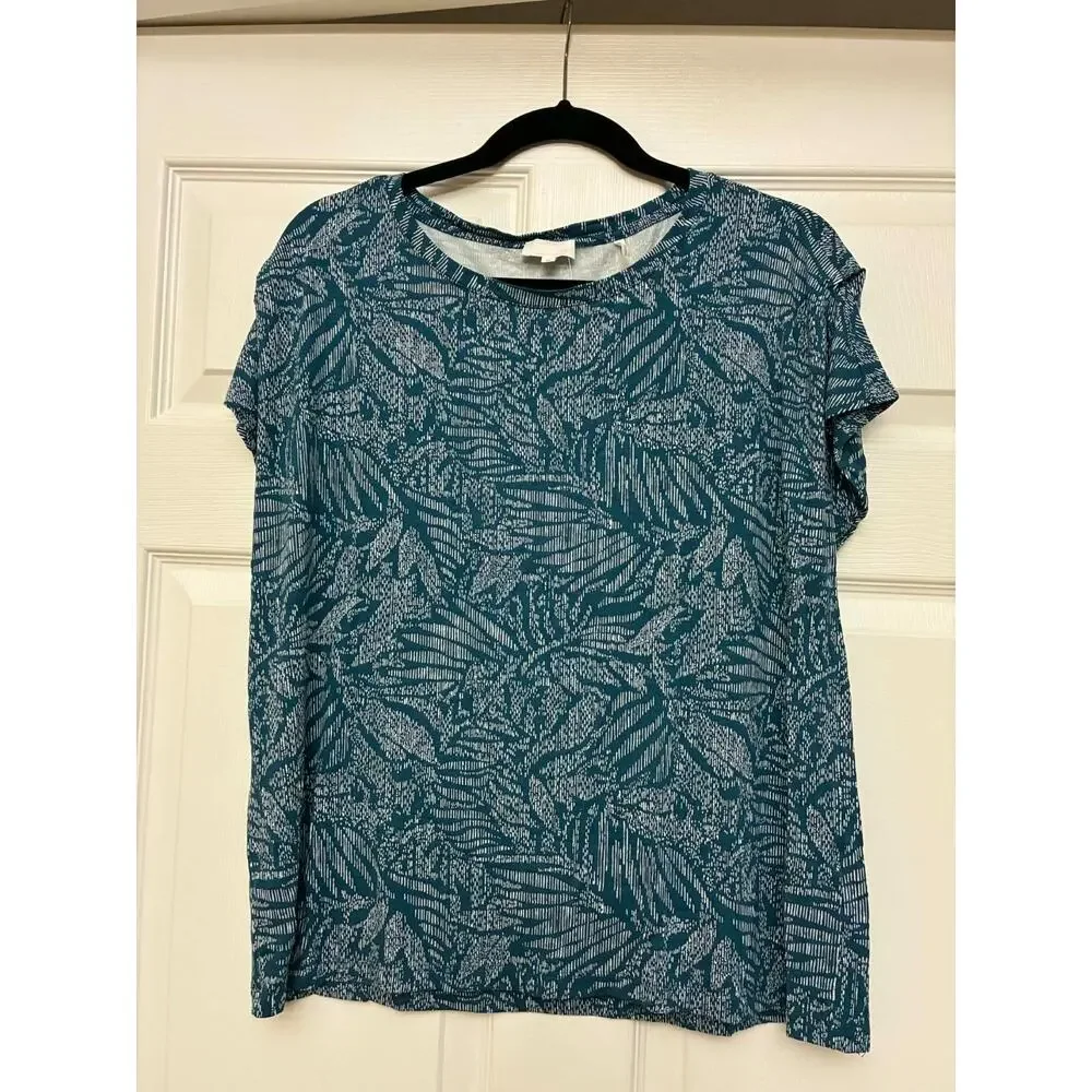 Womens Teal Abstract Print Top Sustainable‎ Viscose Short Sleeve Stretch NWT 40